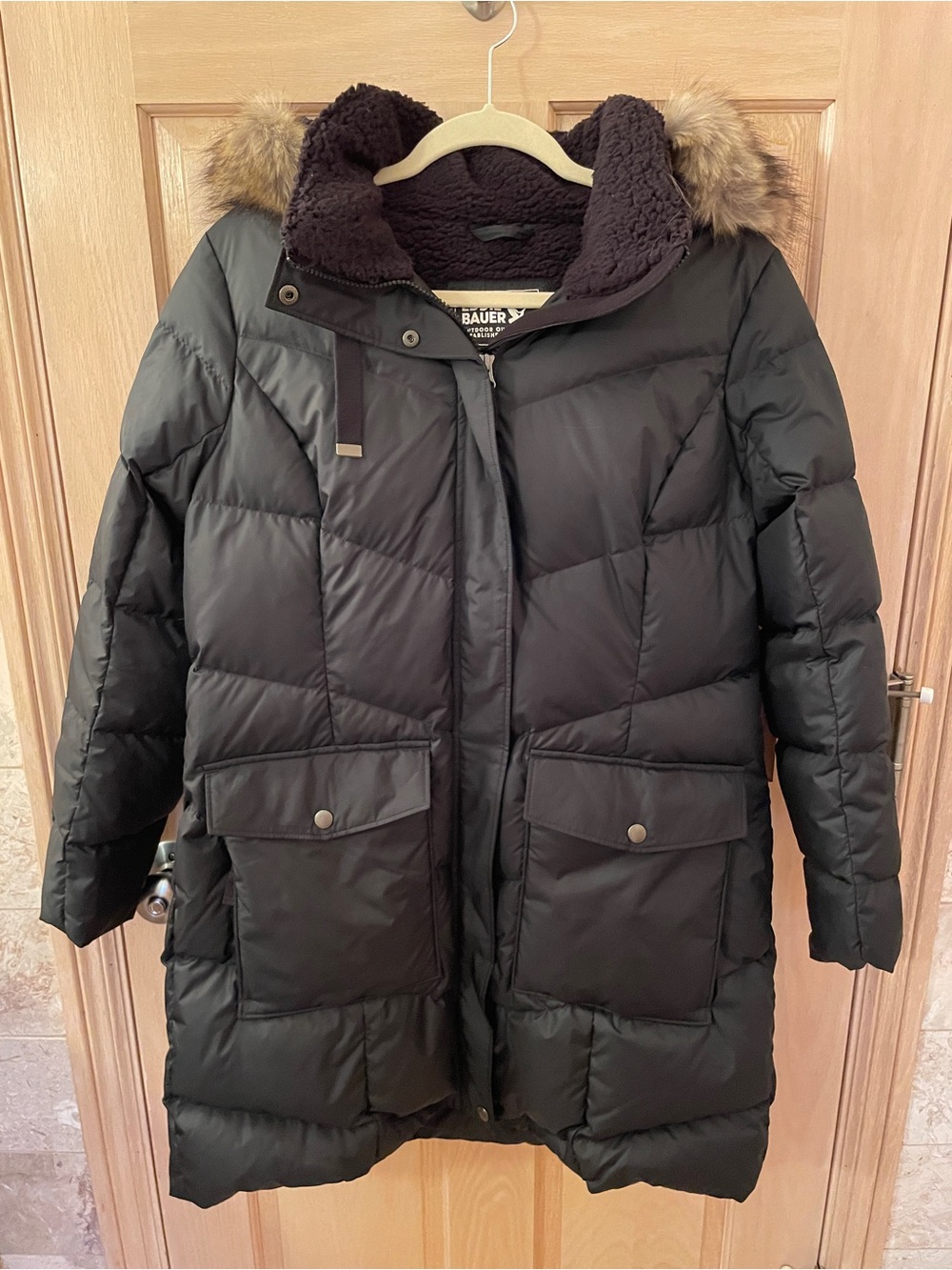 Eddie Bauer 650 Black Long Puffer Coat with Faux Fur Hood